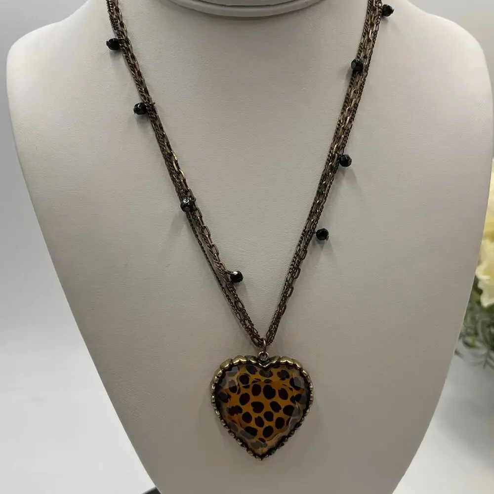 Betsey Johnson Vintage MultiStrand Lucite Faceted Animal Print Heart Necklace